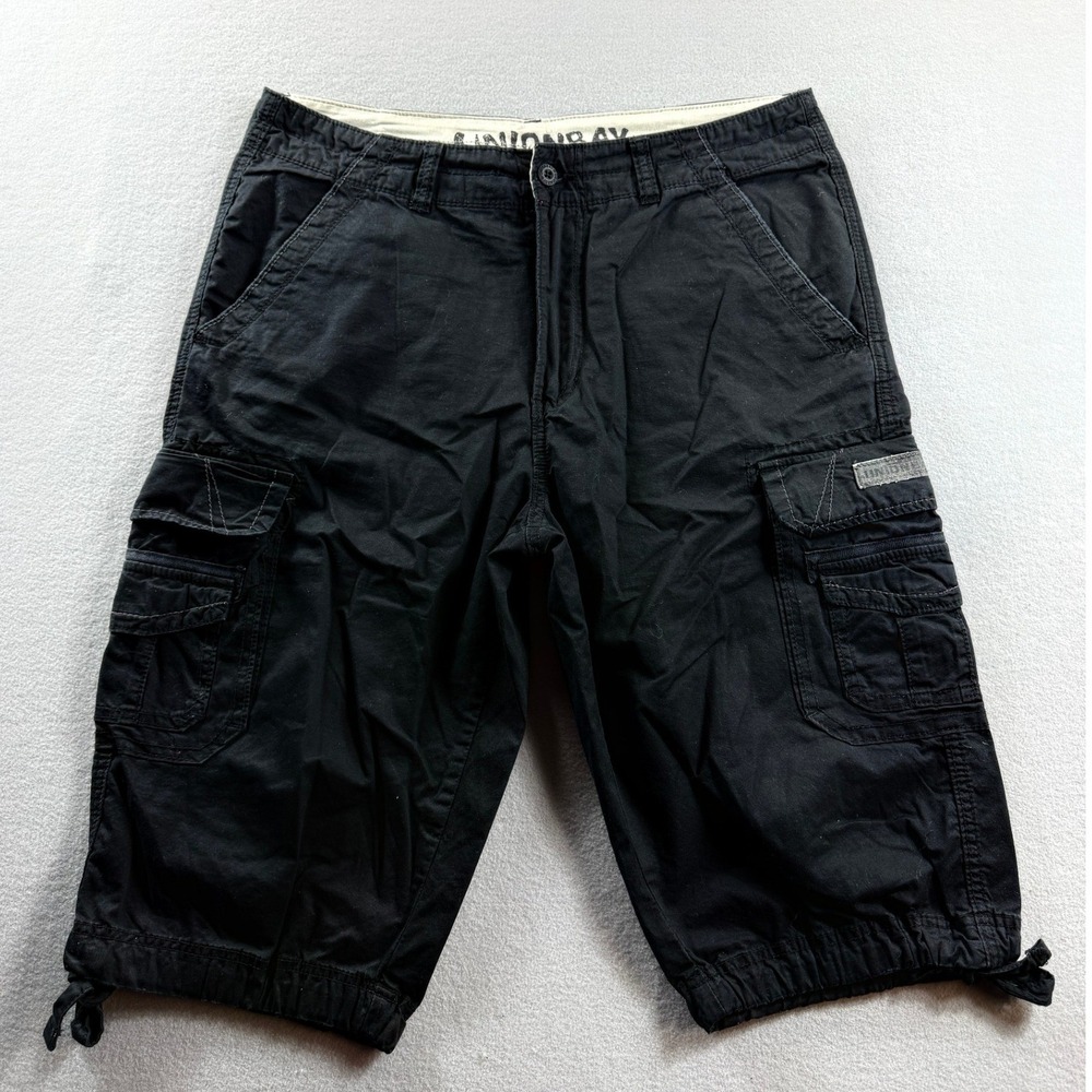 Unionbay Cargo Shorts Men 34 Black Drawstring Hem Multi-Pocket